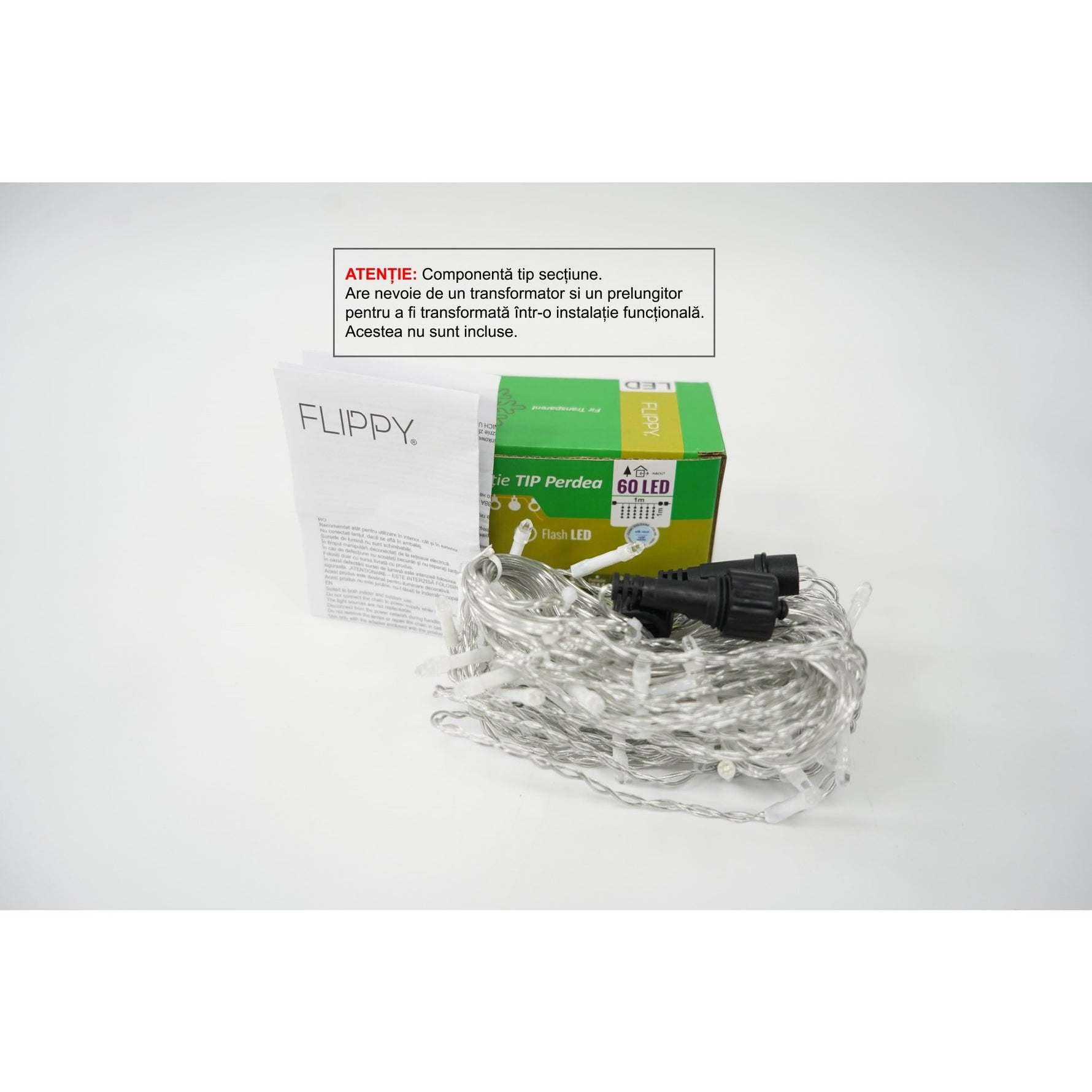 Sectiune Instalatie de Craciun Flippy Tip Perdea, cu Flash, 1 m x 1 m, 60 LED-uri, Interconectabila, Fir Transparent,