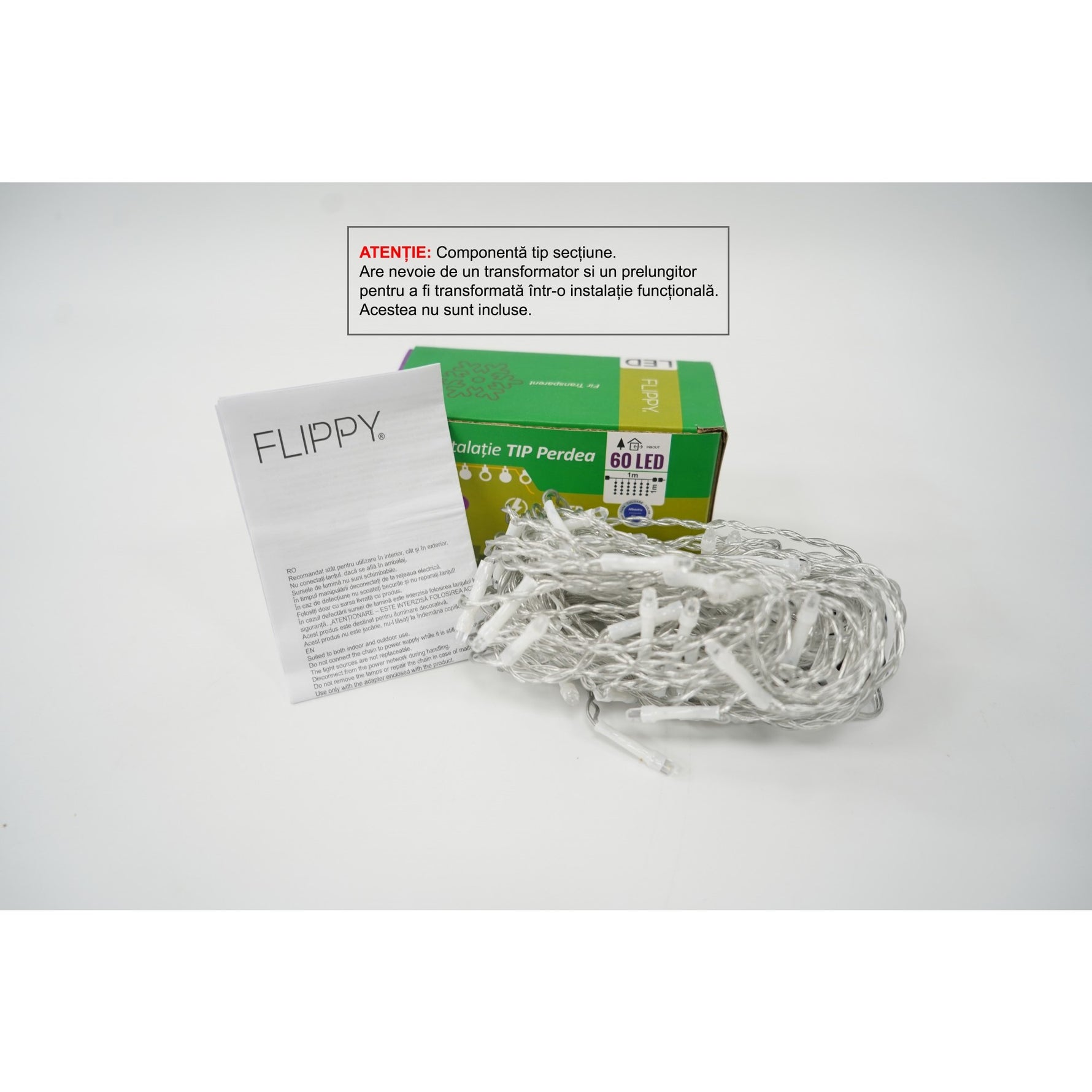 Sectiune Instalatie de Craciun Flippy Tip Perdea, cu Flash, 1 m x 1 m, 60 LED-uri, Interconectabila, Fir Transparent,