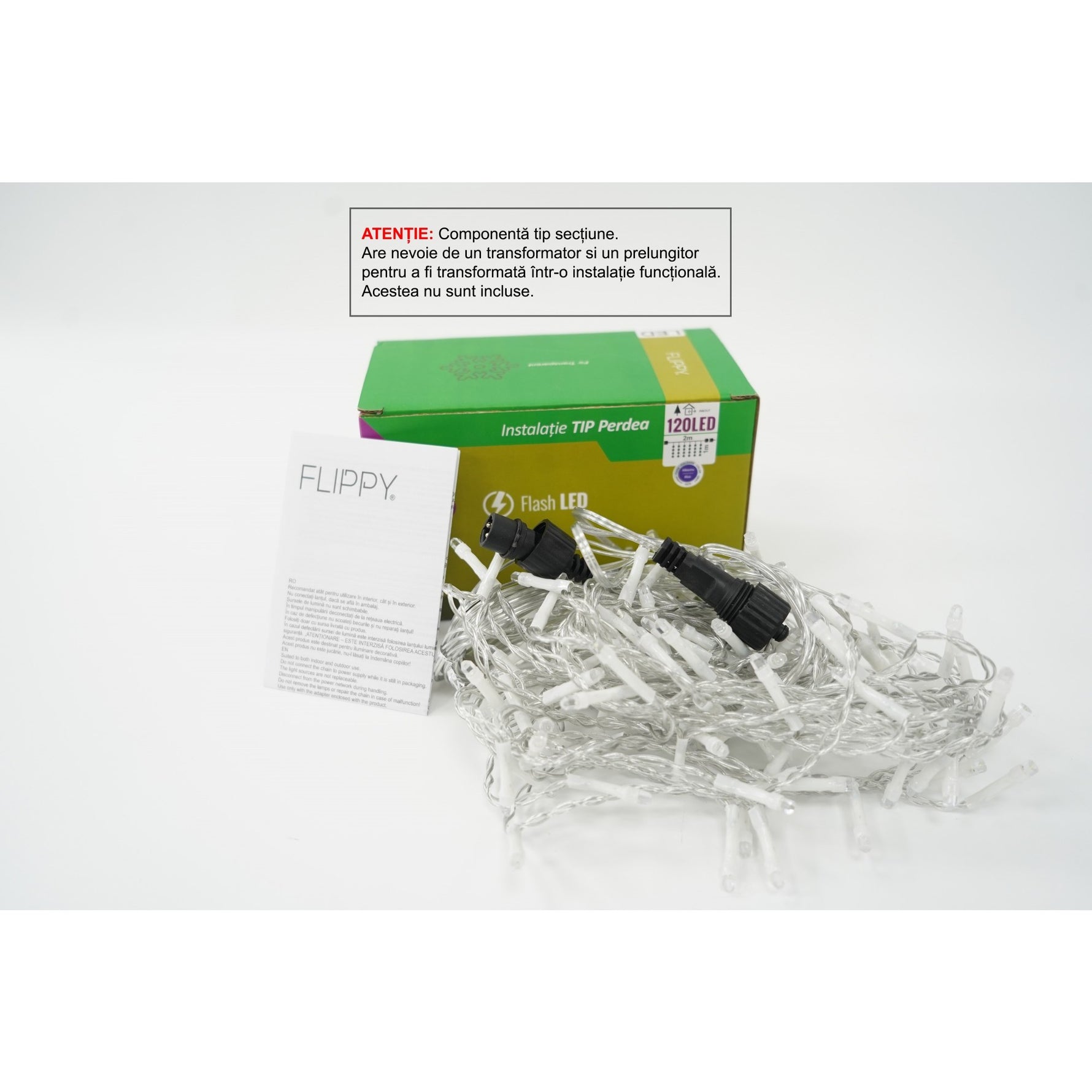 Sectiune Instalatie de Craciun Flippy Tip Perdea, cu Flash, 2 m x 1 m, 120 LED-uri, Interconectabila, Fir Transparent,