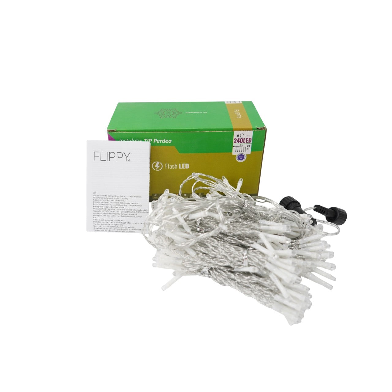 Sectiune Instalatie de Craciun Flippy Tip Perdea, cu Flash, 2 m x 2 m, 240 LED-uri, Interconectabila, Fir Transparent,