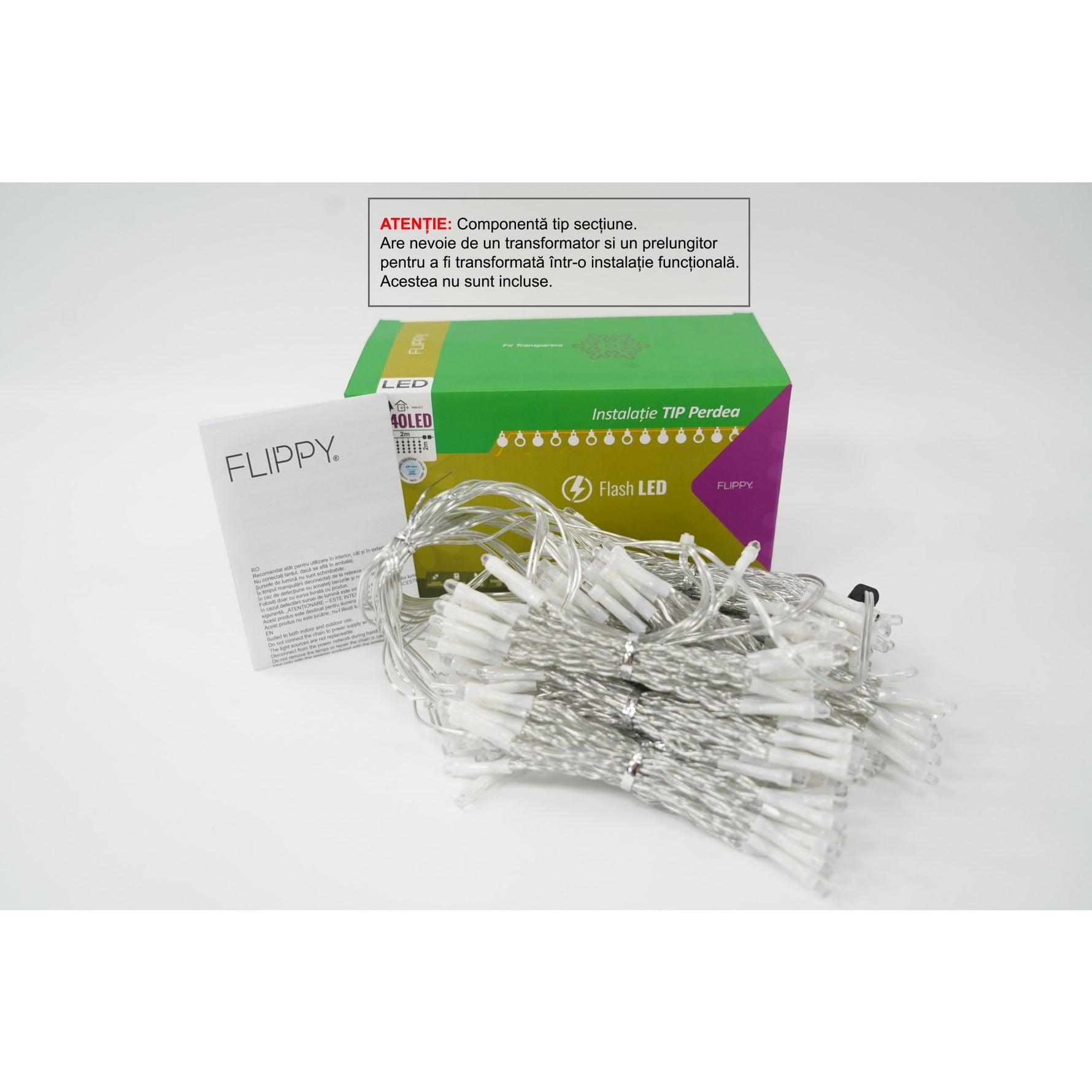 Sectiune Instalatie de Craciun Flippy Tip Perdea, cu Flash, 2 m x 2 m, 240 LED-uri, Interconectabila, Fir Transparent,