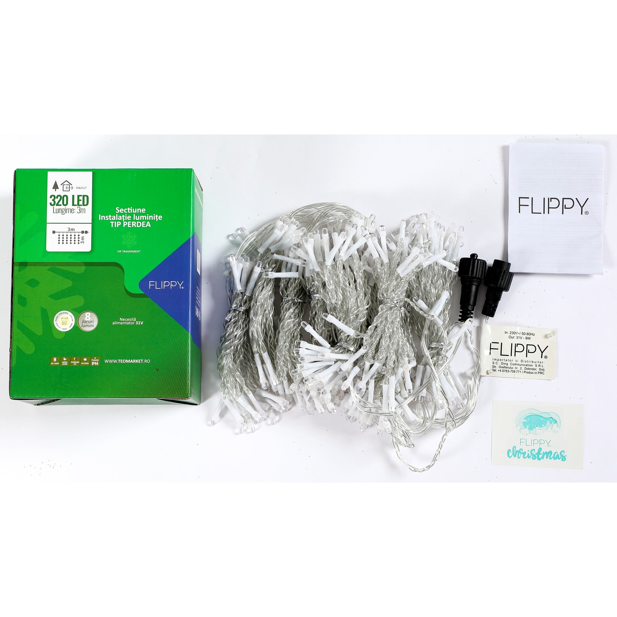 Sectiune Instalatie de Craciun Flippy Tip Perdea, cu 8 jocuri de lumini, 3 m x 3 m, 320 LED-uri, Interconectabila, Fir