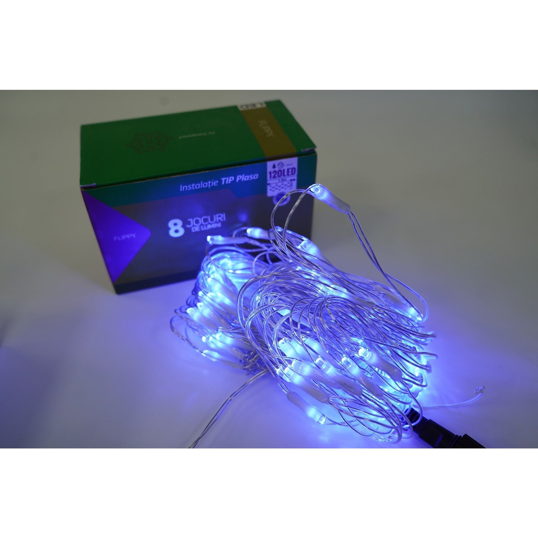 Sectiune Instalatie de Craciun Flippy, Tip Plasa, 120 LED-uri, 1.5 x 1.5 m, 8 jocuri de lumini, Interconectabila, Fir