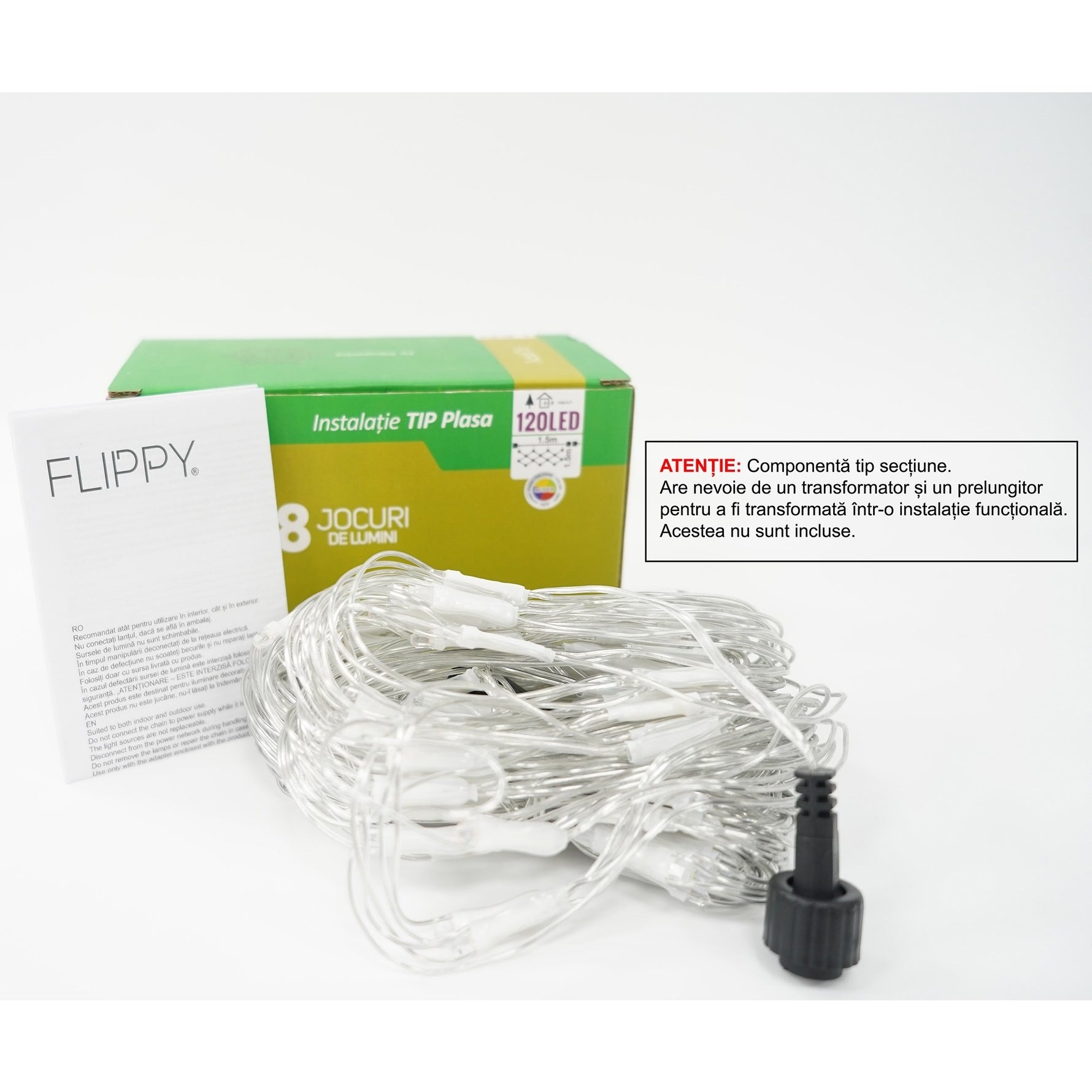 Sectiune Instalatie de Craciun Flippy, Tip Plasa, 120 LED-uri, 1.5 x 1.5 m, 8 jocuri de lumini, Interconectabila, Fir