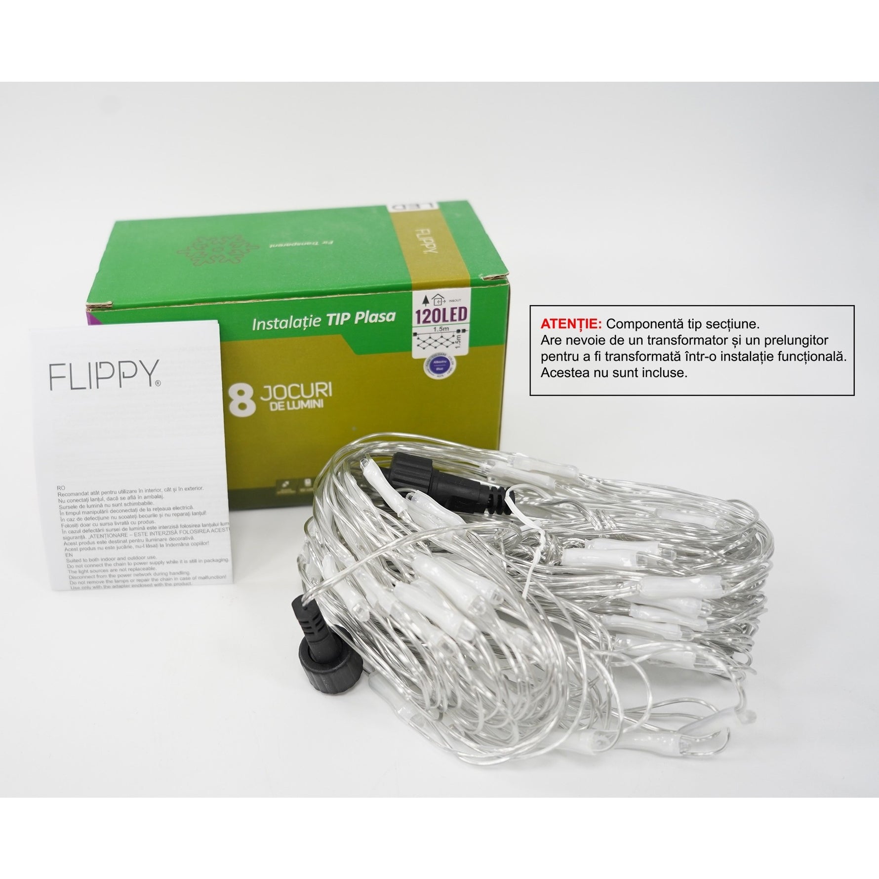 Sectiune Instalatie de Craciun Flippy, Tip Plasa, 120 LED-uri, 1.5 x 1.5 m, 8 jocuri de lumini, Interconectabila, Fir