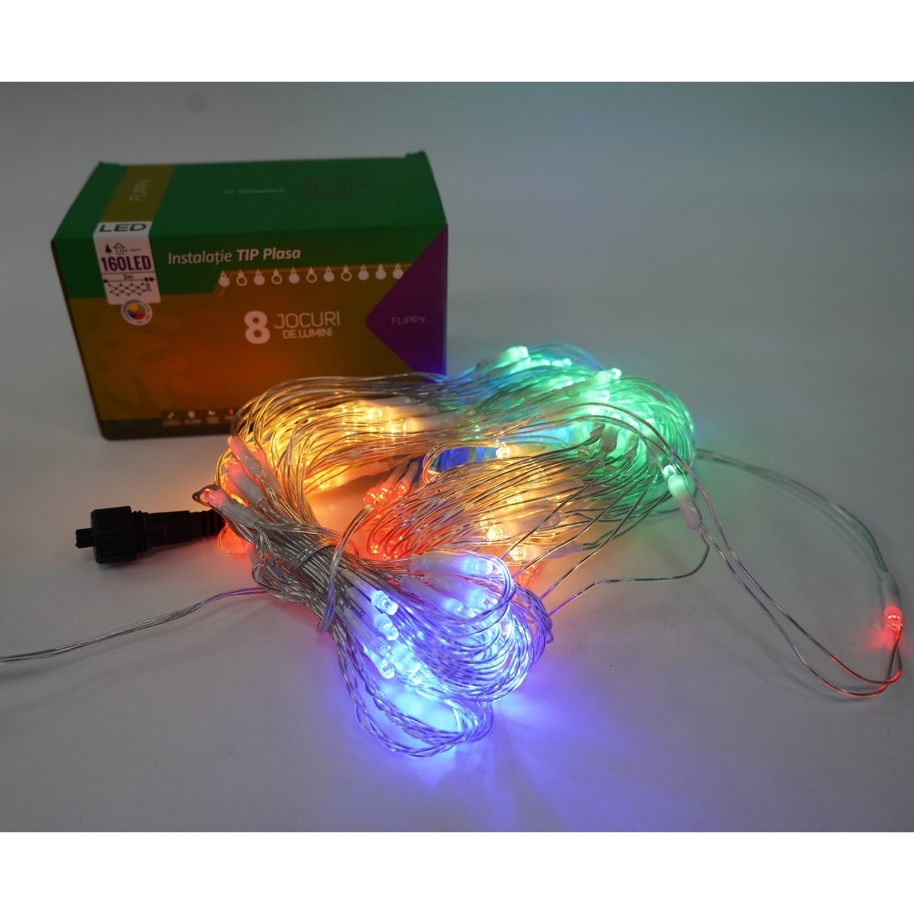 Sectiune Instalatie de Craciun Flippy, Tip Plasa, 160 LED-uri, 2 m x 2 m, 8 jocuri de lumini, Interconectabila, Fir