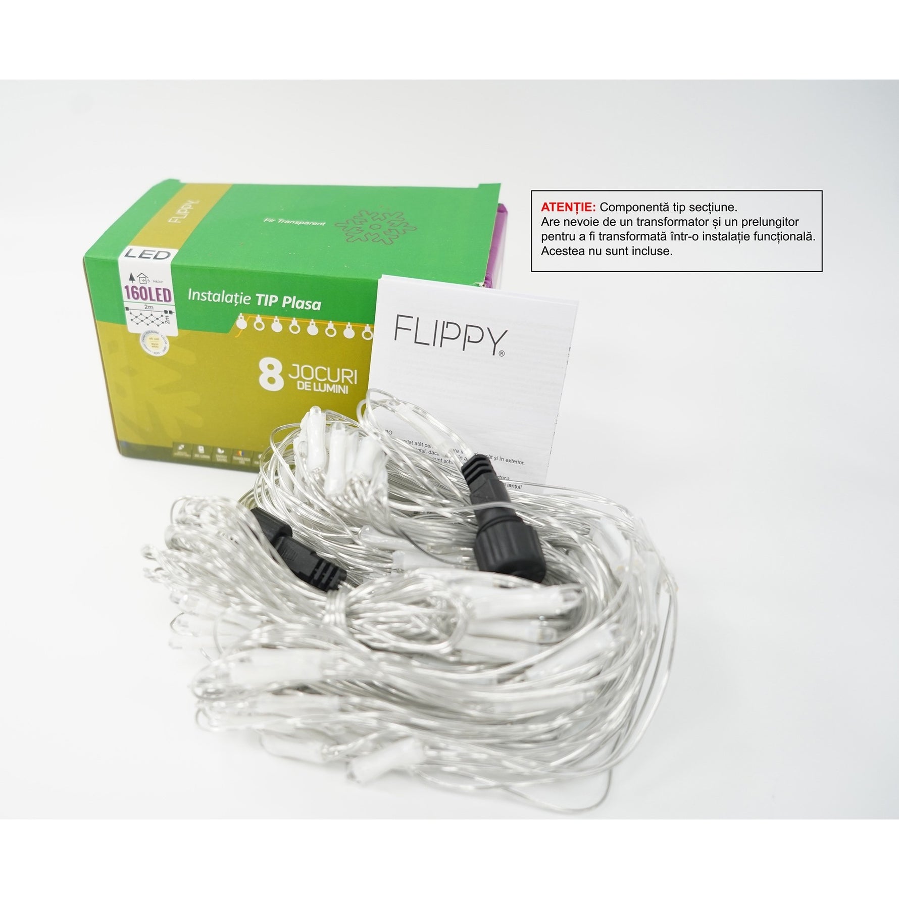 Sectiune Instalatie de Craciun Flippy, Tip Plasa, 160 LED-uri, 2 m x 2 m, 8 jocuri de lumini, Interconectabila, Fir