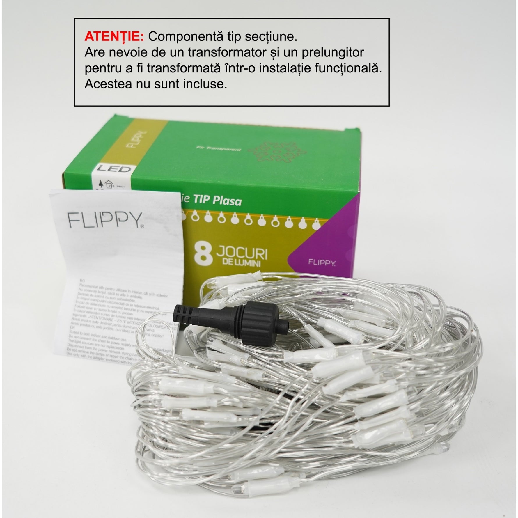Sectiune Instalatie de Craciun Flippy, Tip Plasa, 160 LED-uri, 2 m x 2 m, 8 jocuri de lumini, Interconectabila, Fir