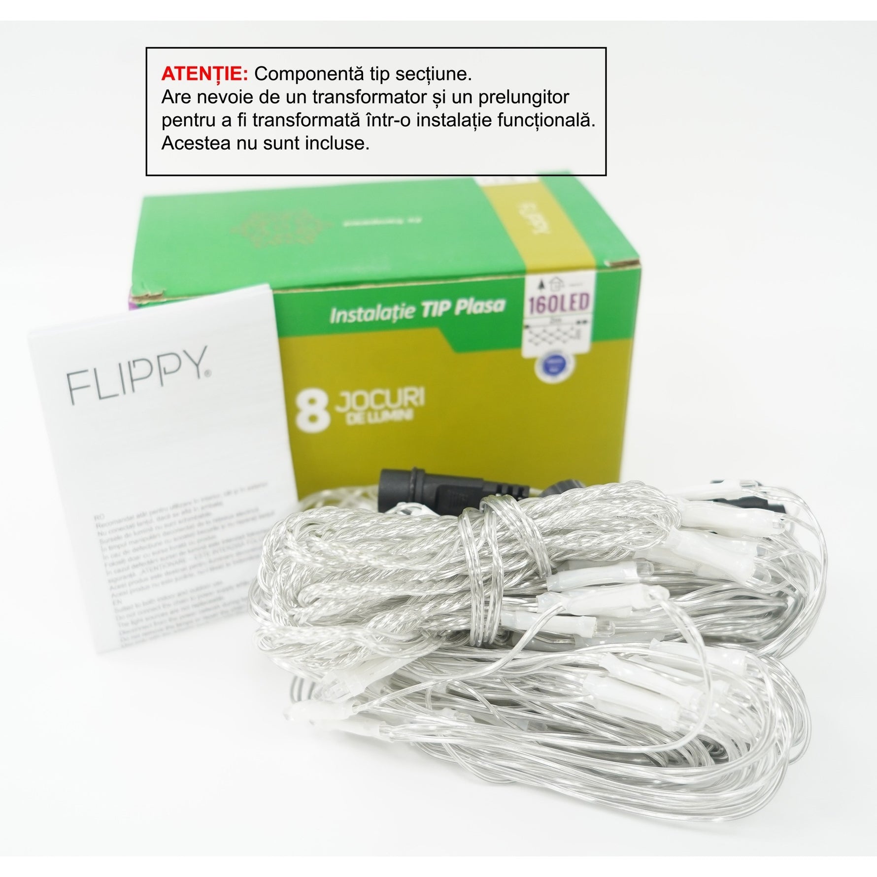 Sectiune Instalatie de Craciun Flippy, Tip Plasa, 160 LED-uri, 2 m x 2 m, 8 jocuri de lumini, Interconectabila, Fir