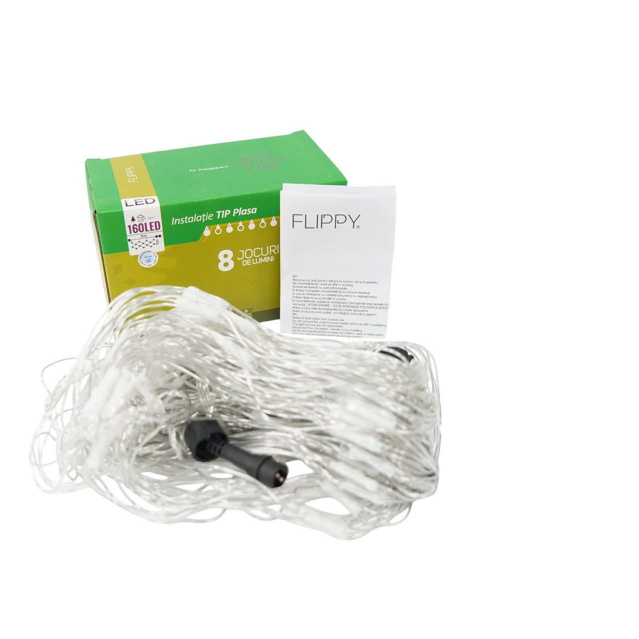 Sectiune Instalatie de Craciun Flippy, Tip Plasa, 160 LED-uri, 3 m x 1 m, 8 jocuri de lumini, Interconectabila, Fir