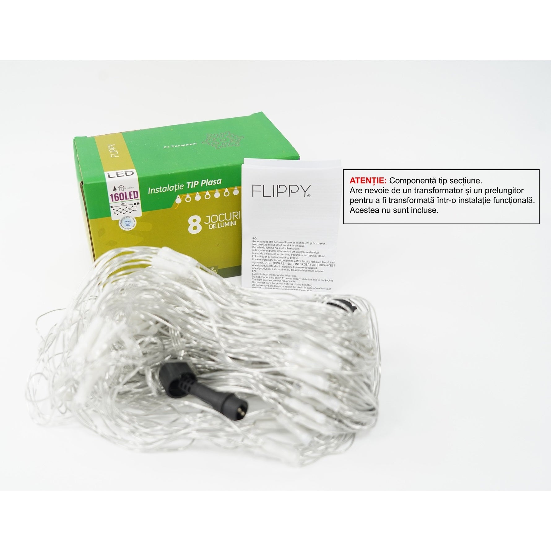 Sectiune Instalatie de Craciun Flippy, Tip Plasa, 160 LED-uri, 3 m x 1 m, 8 jocuri de lumini, Interconectabila, Fir