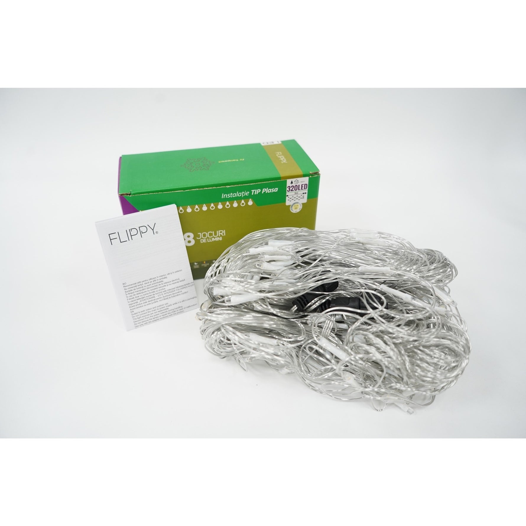 Sectiune Instalatie de Craciun Flippy, Tip Plasa, 320 LED-uri, 3 m x 3 m, 8 jocuri de lumini, Interconectabila, Fir