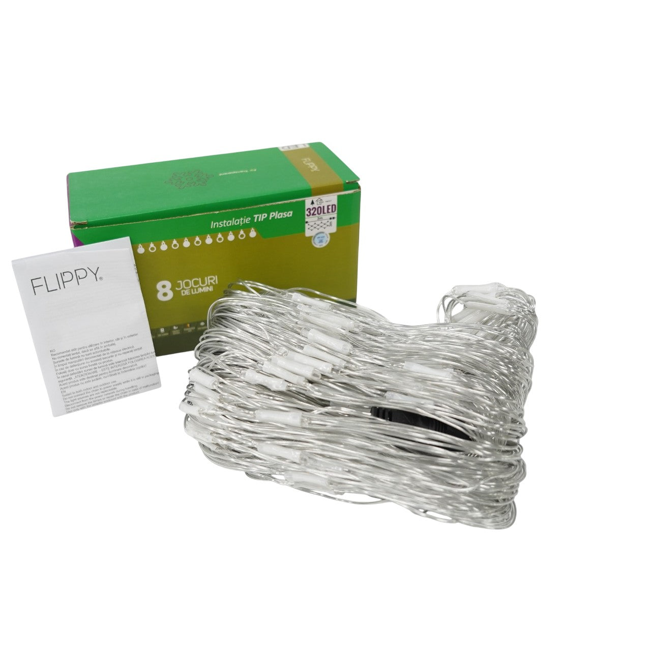 Sectiune Instalatie de Craciun Flippy, Tip Plasa, 320 LED-uri, 3 m x 3 m, 8 jocuri de lumini, Interconectabila, Fir