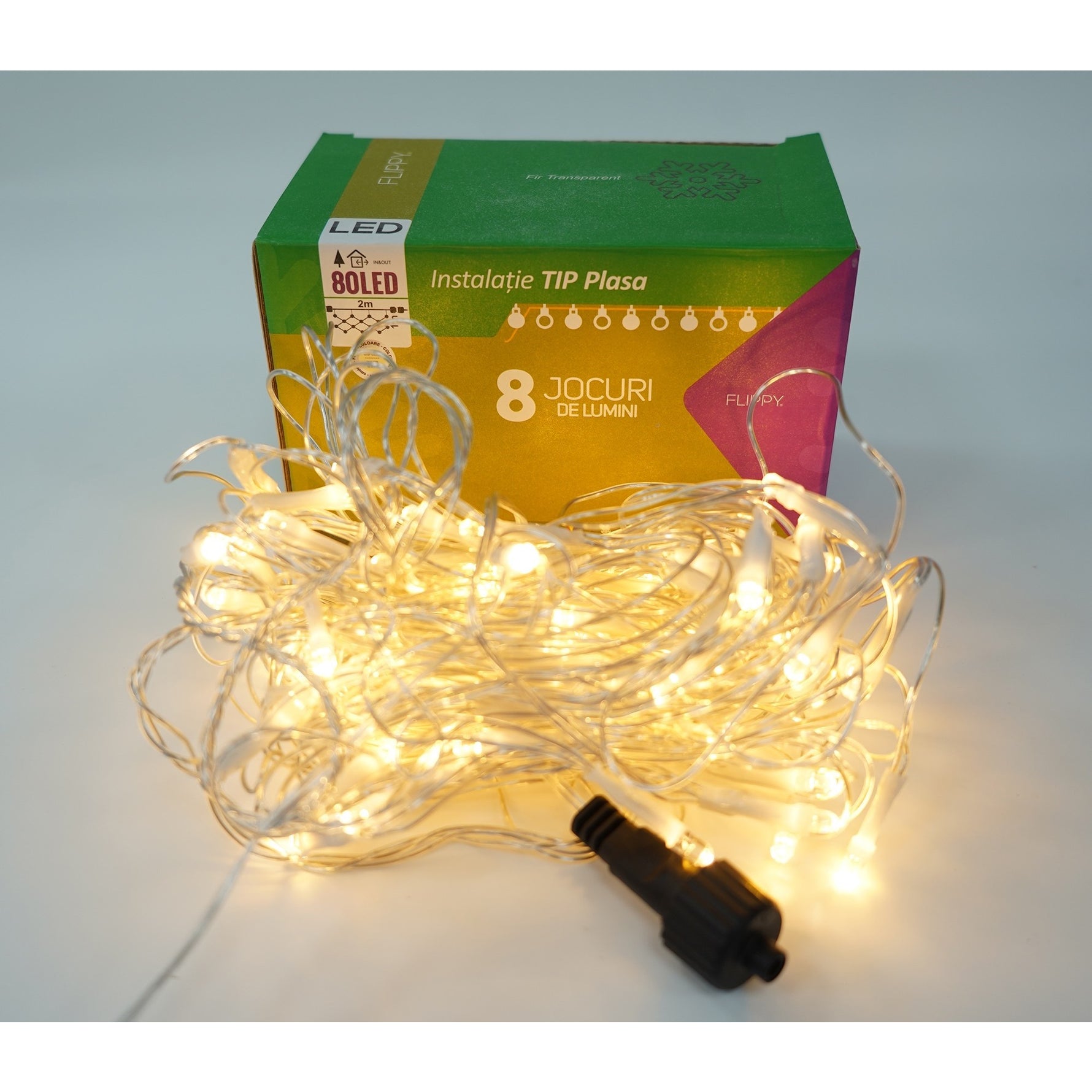 Sectiune Instalatie de Craciun Flippy, Tip Plasa, 80 LED-uri, 2 m x 1 m, 8 jocuri de lumini, Interconectabila, Fir