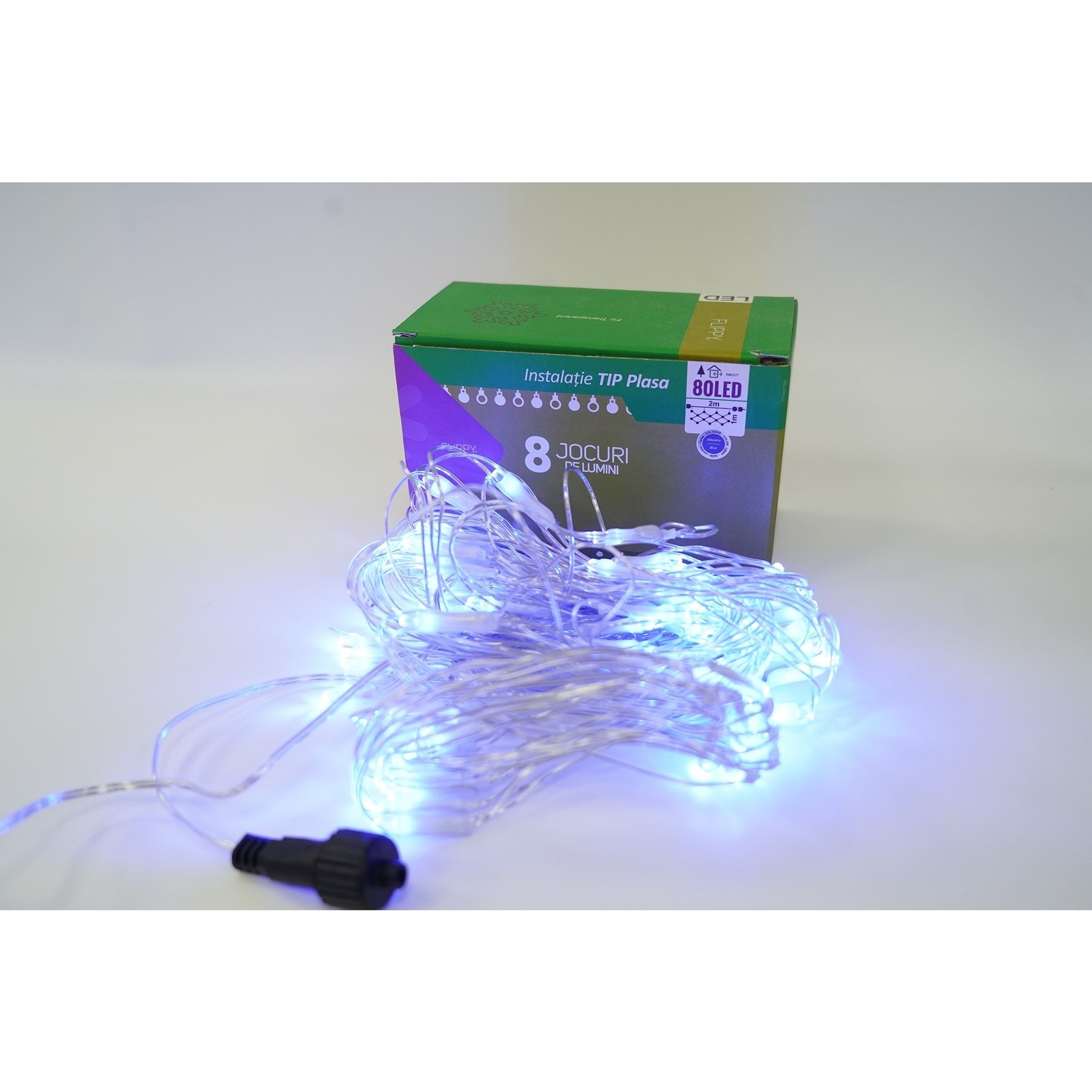 Sectiune Instalatie de Craciun Flippy, Tip Plasa, 80 LED-uri, 2 m x 1 m, 8 jocuri de lumini, Interconectabila, Fir