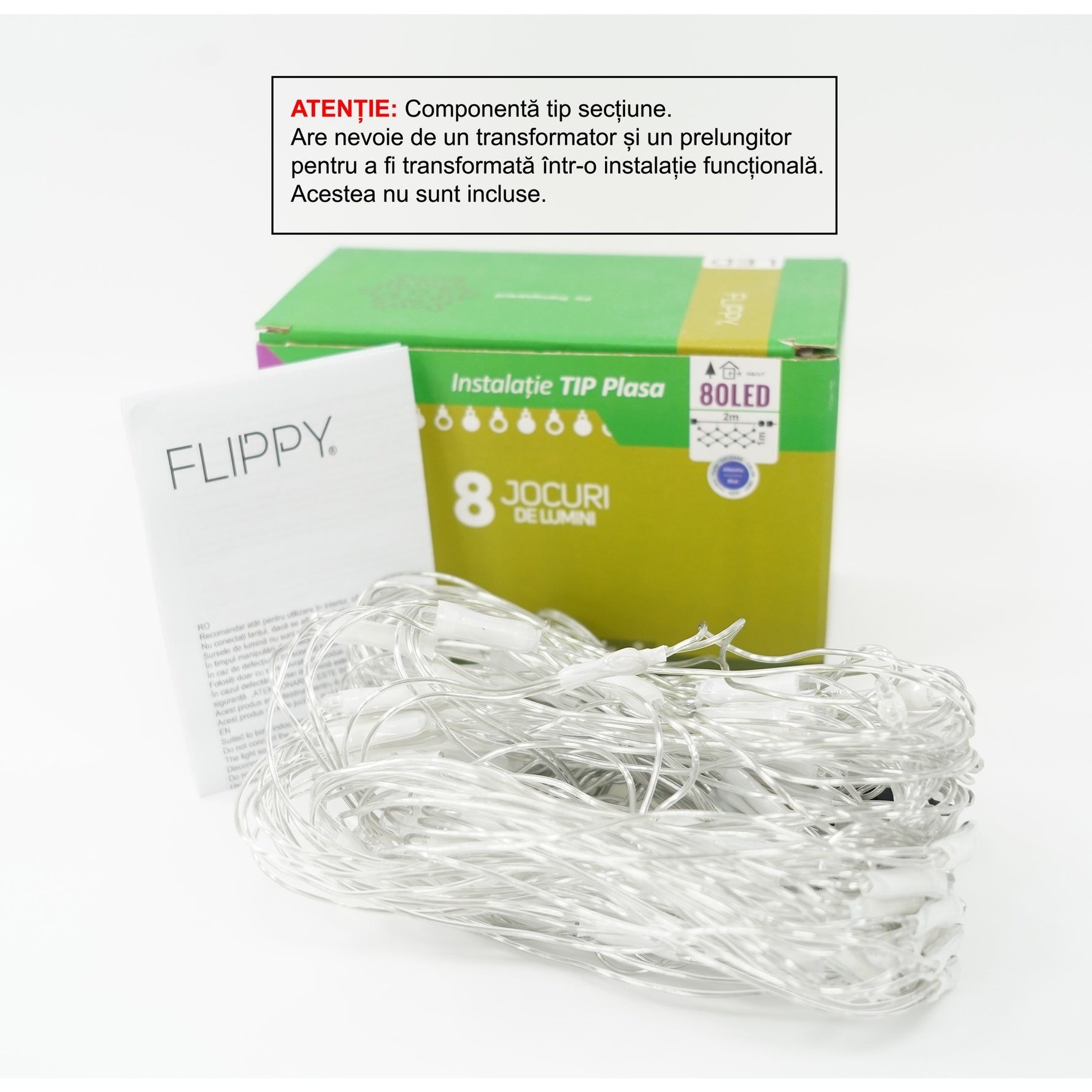 Sectiune Instalatie de Craciun Flippy, Tip Plasa, 80 LED-uri, 2 m x 1 m, 8 jocuri de lumini, Interconectabila, Fir