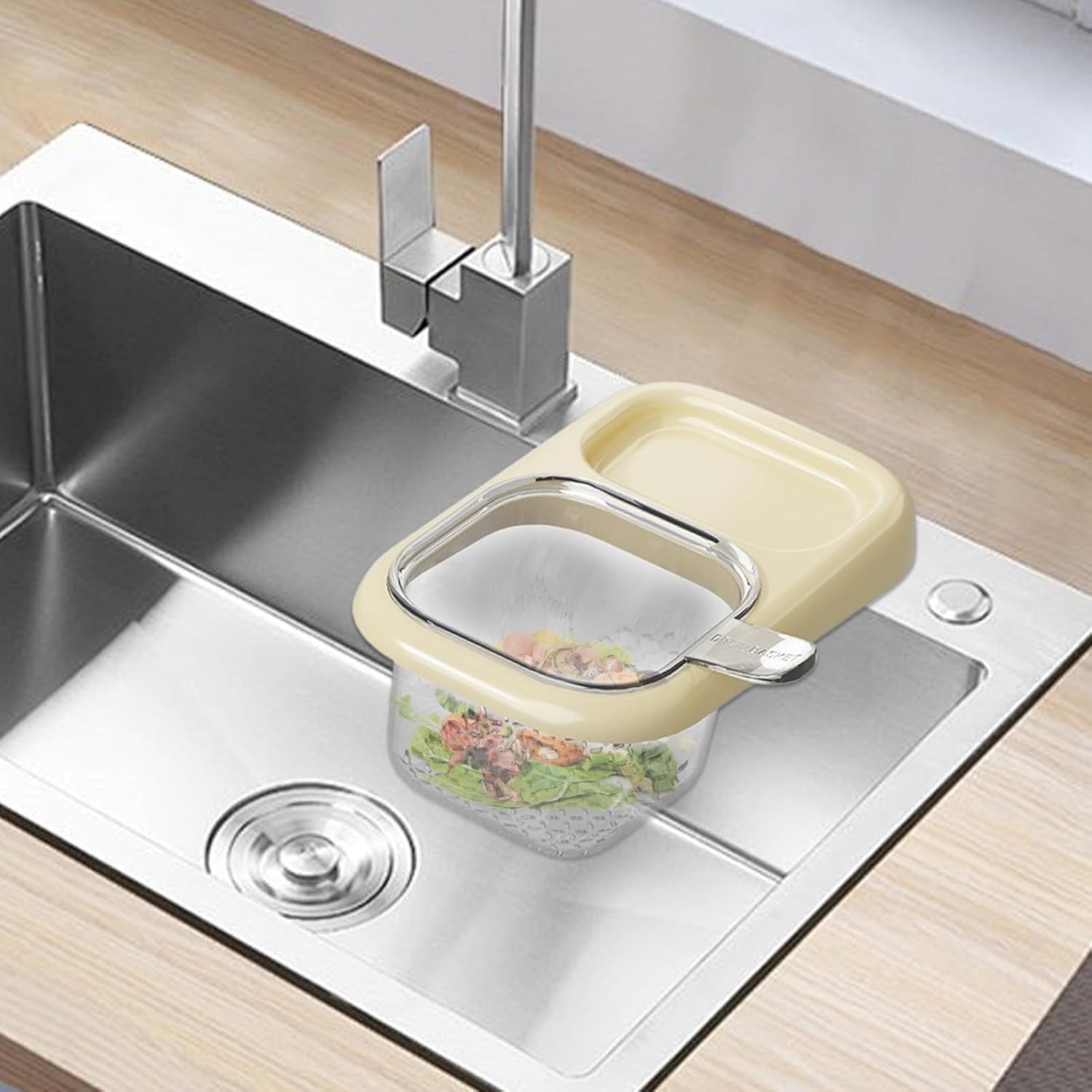 Cos de Scurgere pentru Chiuveta, Flippy, din ABS, cu Maner si Ventuza, Multifunctional, 22 x 13 x 8.5 cm, Crem