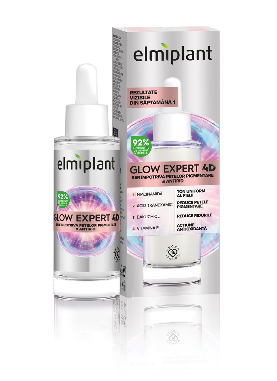 Ser Pentru Fata, Elmiplant, Glow Expert 4D Impotriva Petelor Pigmentare si Antirid, cu Niacinamida si Bakuchiol, 30 ml