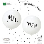 Set 2 Baloane din Latex, Flippy, Tip Jumbo, Model Mr si Mrs, Tema Nunta, 45 cm, Alb