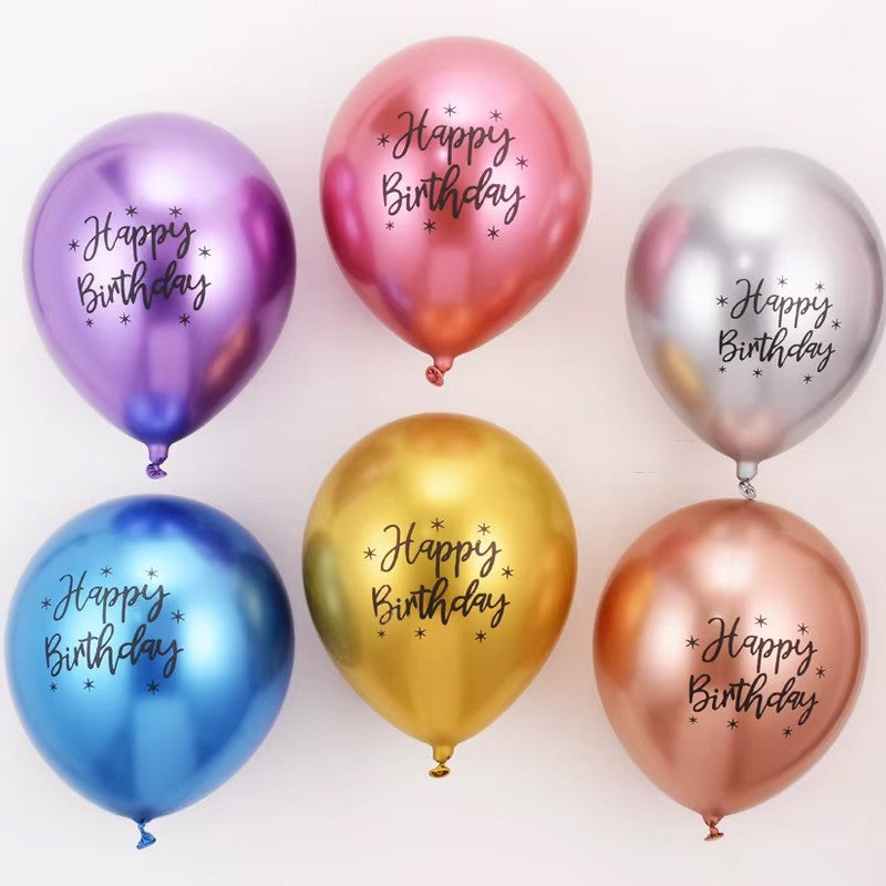 Baloane din Latex Metal Cromat, Flippy, set din 10 Baloane, Cu Decoratiuni Printate HAPPY BIRTHDAY, Pentru Petrecere