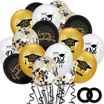 Set 10 Baloane din Latex Metalizate, Flippy, Model Absolvire, Negru Auriu Alb, 23 cm, 1.4 g