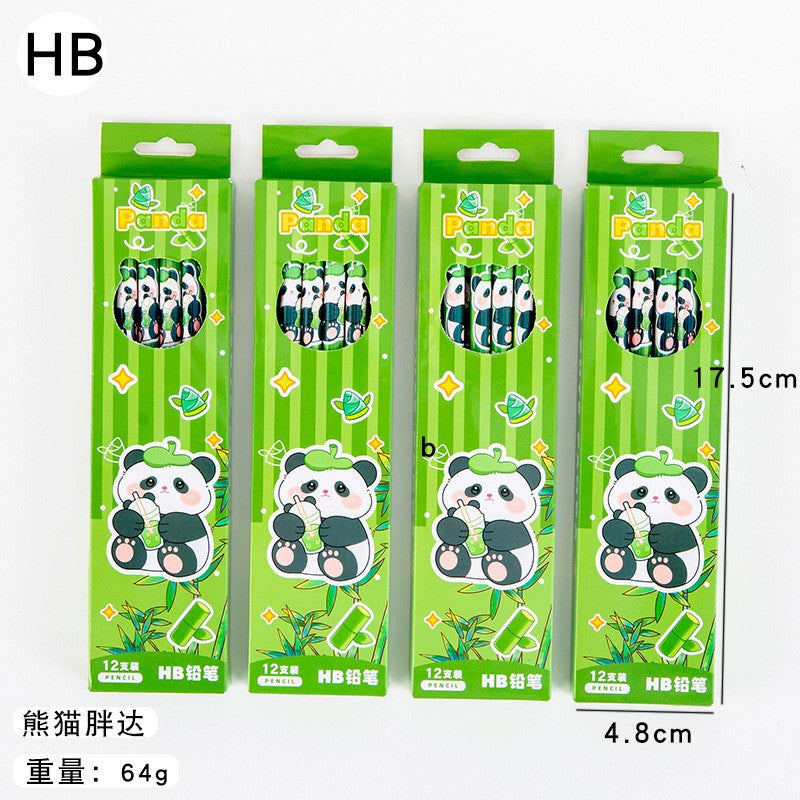 Set 12 Creioane Negre, Flippy, 2B, pentru Elevi Scoala, cu Radiera, Model Verde cu Panda