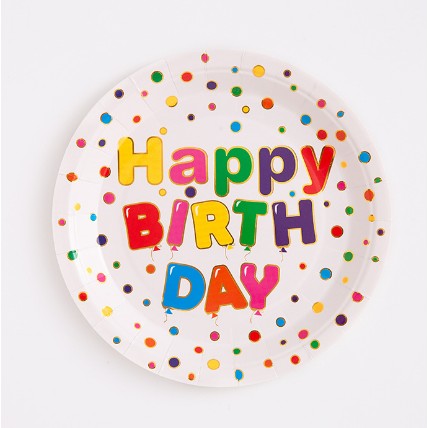 Set 10 Farfurii Unica Folosinta, Flippy, Imprimeu Happy Birthday, din Carton, Diametru 18 cm, Multicolor