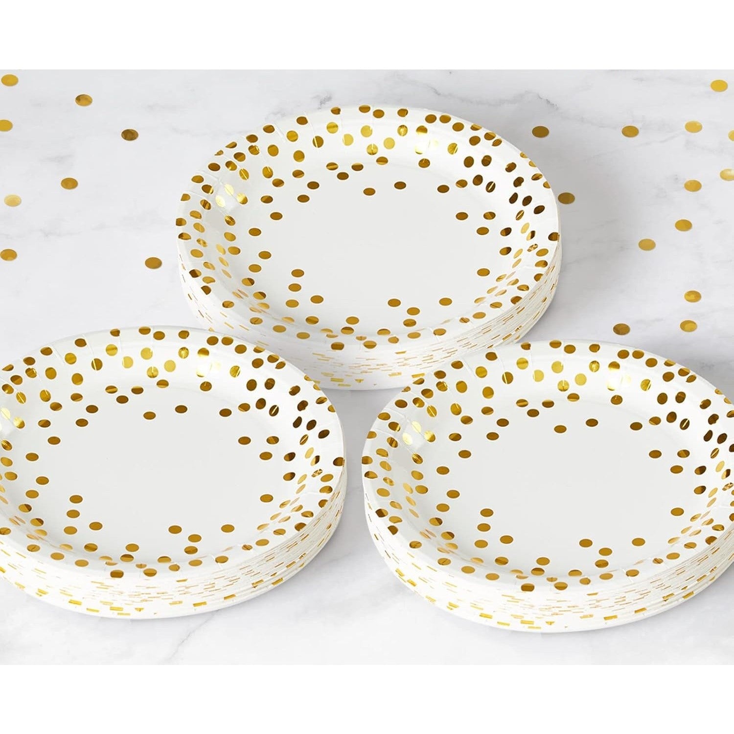 Set 10 Farfurii Unica Folosinta, Flippy, Imprimeu cu Buline, din Carton, Diametru 18 cm, Alb/Auriu