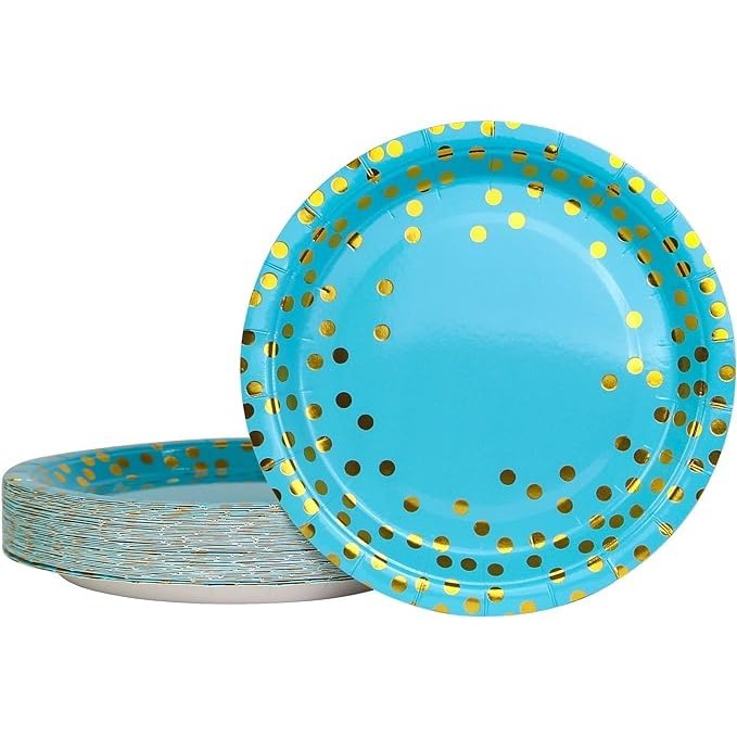 Set 10 Farfurii Unica Folosinta, Flippy, Imprimeu cu Buline, din Carton, Diametru 18 cm, Albastru/Auriu