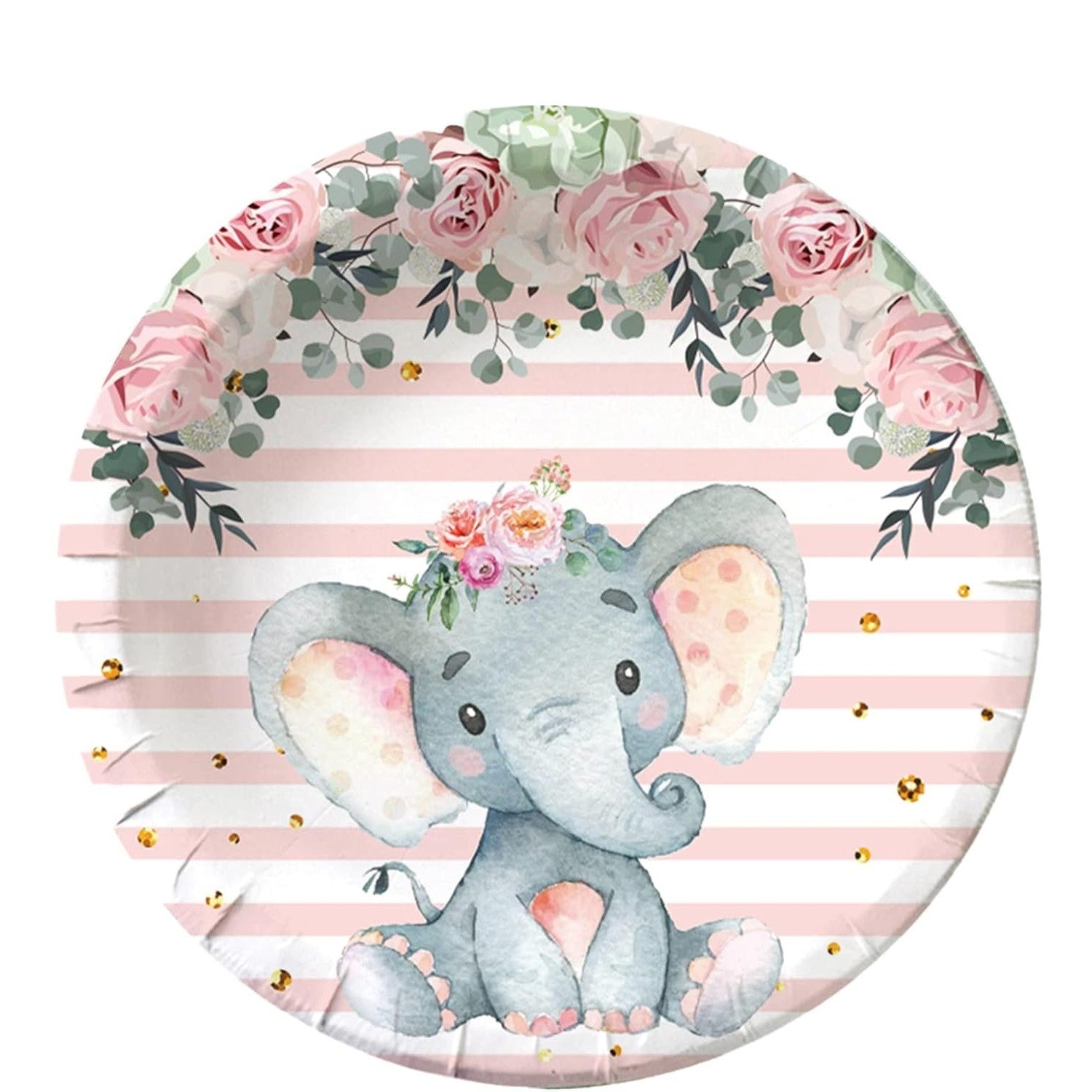 Set 10 Farfurii Unica Folosinta, Flippy, Imprimeu Elefant, din Carton, 17 cm, Roz