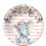 Set 10 Farfurii Unica Folosinta, Flippy, Imprimeu Elefant, din Carton, 22 cm, Roz