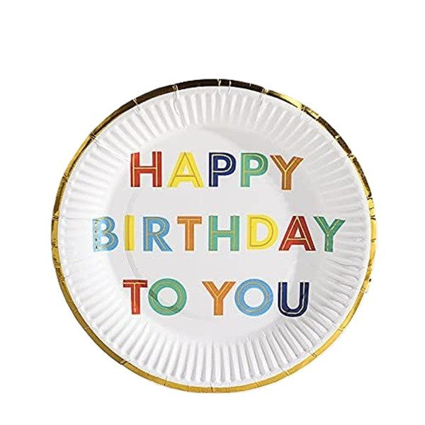 Set 10 Farfurii Unica Folosinta, Flippy, Imprimeu Happy Birthday, din Carton, Diametru 18 cm, Alb