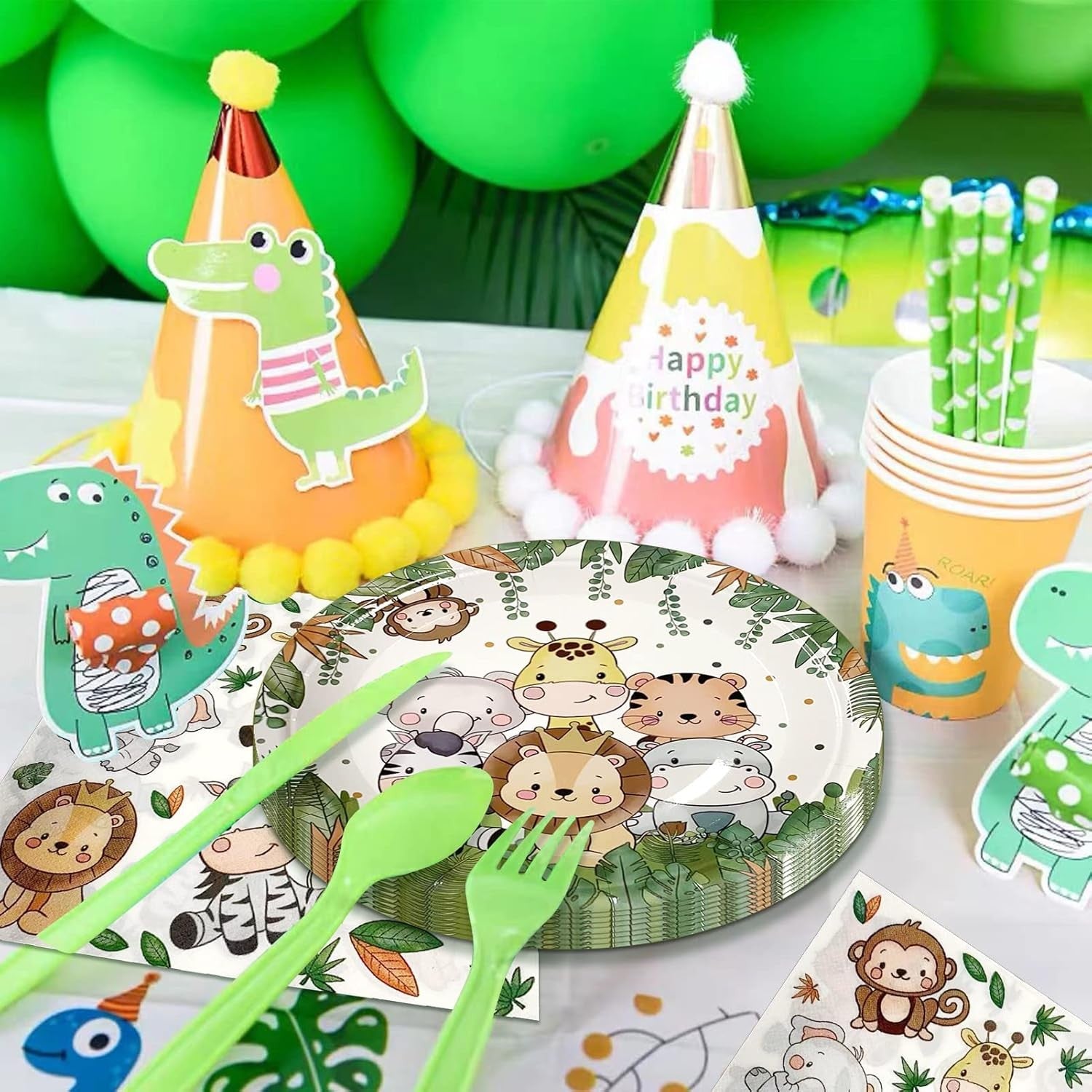 Set 10 Farfurii Unica Folosinta, Flippy, Imprimeu Jungle, din Carton, 22 cm, Verde