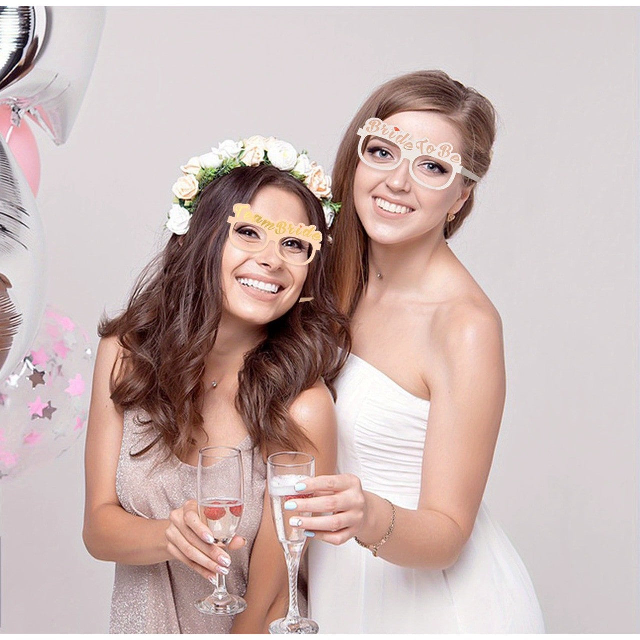 Set 10 Ochelari, Flippy, Tematica Petrecerea Burlacitelor, Model Team Bride si Bride to Be, 9 x Roz, 1 x Alb