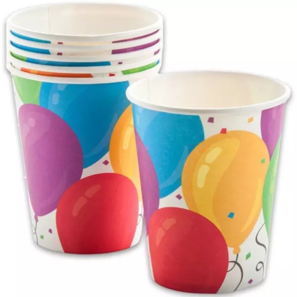 Set 10 Pahare, Flippy, Imprimeu cu Baloane, din Carton, 250 ml, 7.5 x 8.5 x 5.2 cm, Multicolor