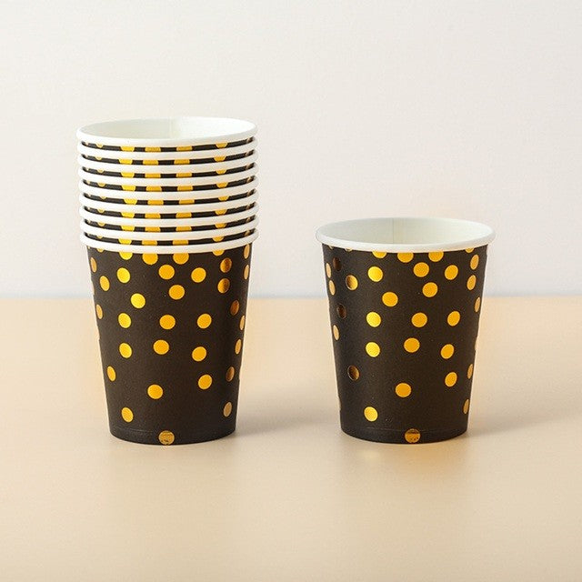 Set 10 Pahare, Flippy, Imprimeu cu Buline, din Carton, 250 ml, 7.5 x 8.5 x 5.2 cm, Negru/Auriu