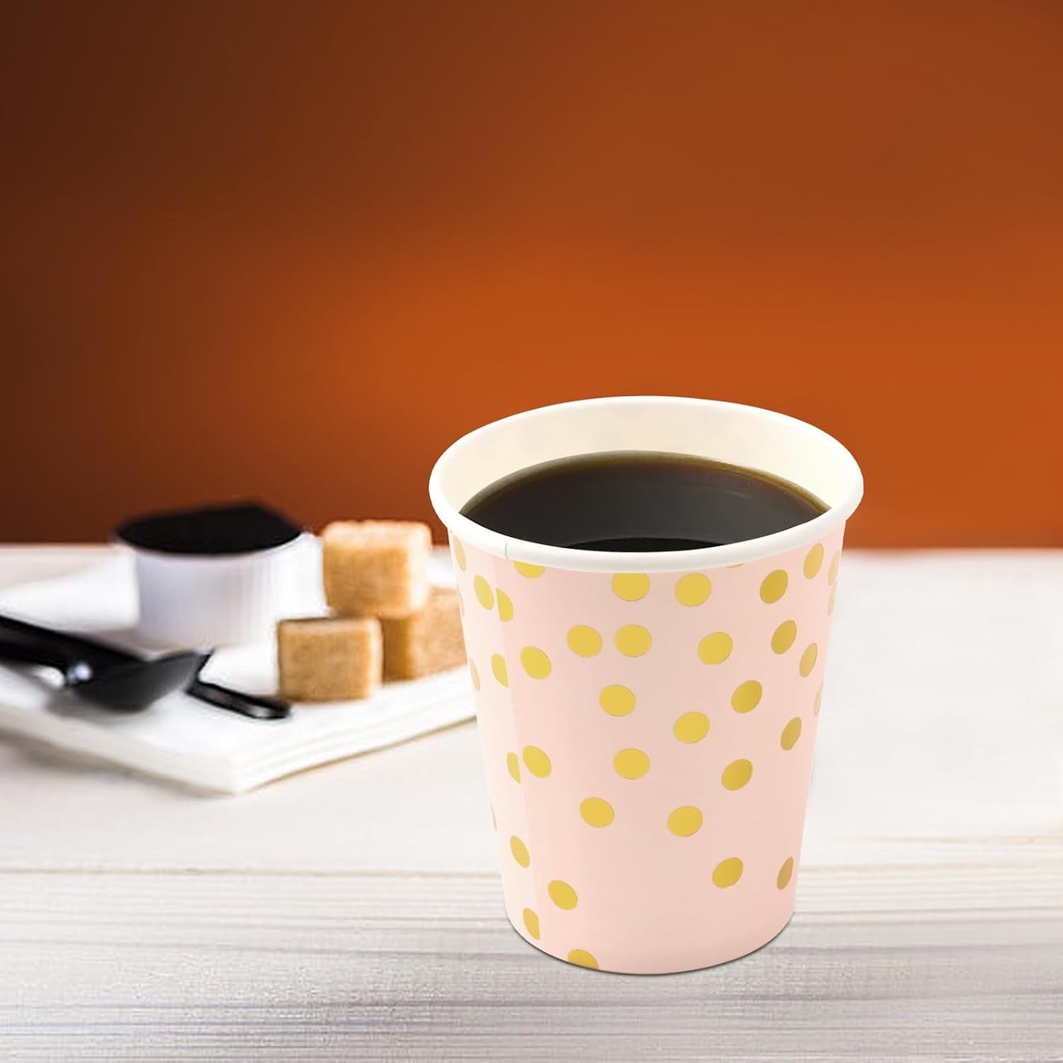Set 10 Pahare, Flippy, Imprimeu cu Buline, din Carton, 250 ml, 7.5 x 8.5 x 5.2 cm, Roz/Auriu