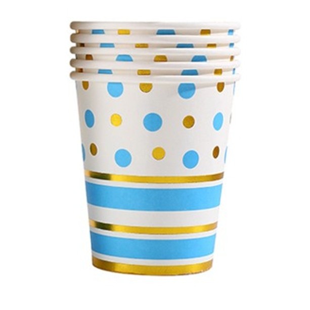 Set 10 Pahare, Flippy, Imprimeu cu Buline si Dungi, din Carton, 250 ml, 7.5 x 8.5 x 5.2 cm, Albastru/Auriu