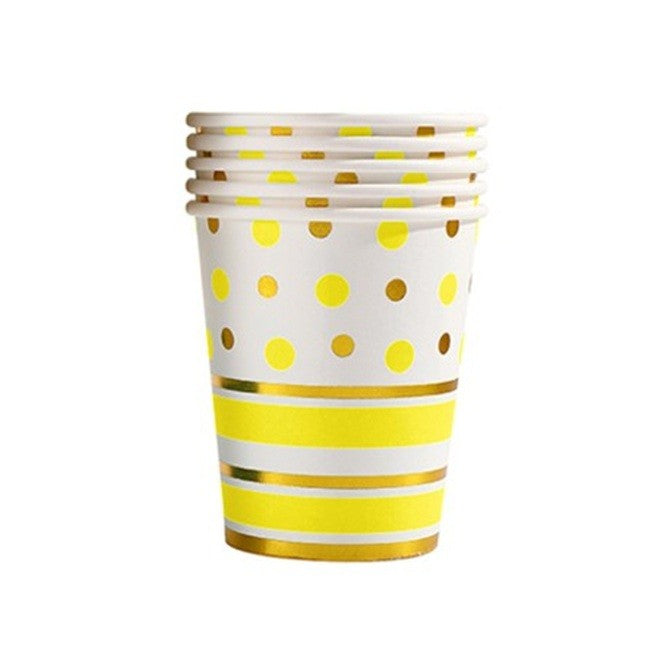 Set 10 Pahare, Flippy, Imprimeu cu Buline si Dungi, din Carton, 250 ml, 7.5 x 8.5 x 5.2 cm, Galben/Auriu