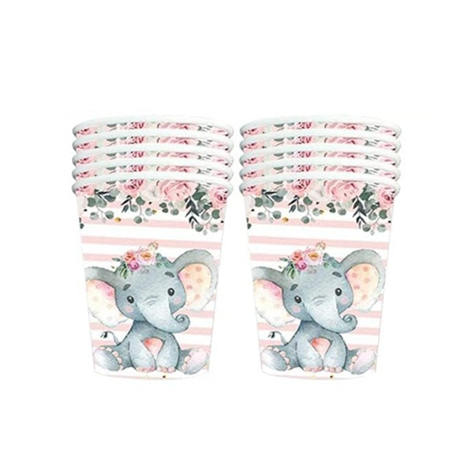 Set 10 Pahare, Flippy, Imprimeu Elefant, din Carton, 7.5 x 8.5 cm, Roz