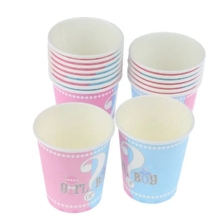 Set 10 Pahare Gender Reveal, Flippy, Girl or Boy, din Carton, 7 x 5 x 8.5 cm, 250 ml, Roz/Albastru