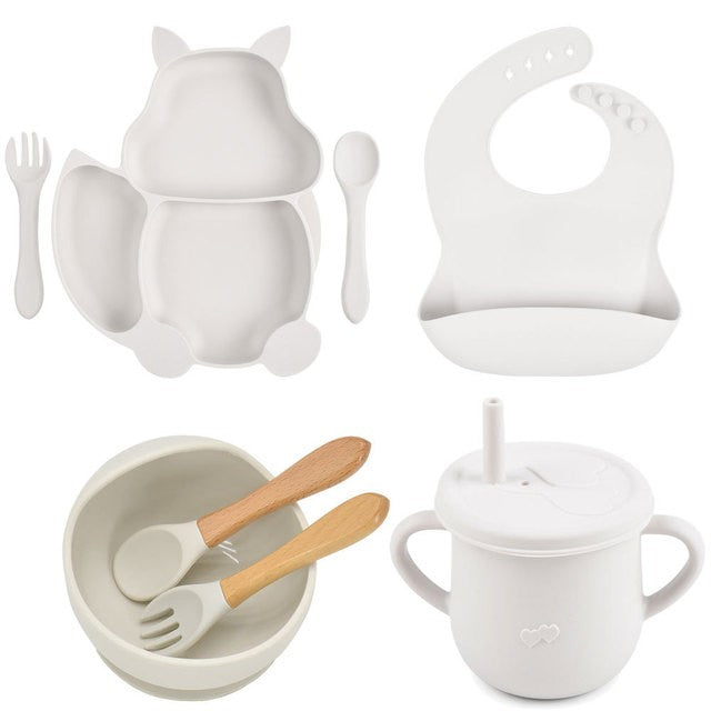Set 10 piese diversificare bebelusi si copii din silicon Flippy, baveta, farfurie compartimentata cu ventuza, bol cu