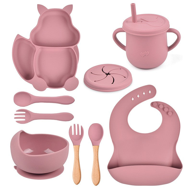 Set 10 piese diversificare bebelusi si copii din silicon Flippy, baveta, farfurie compartimentata cu ventuza, bol cu