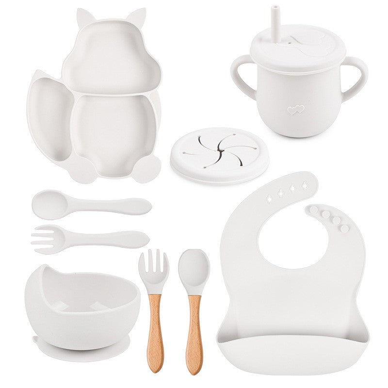 Set 10 piese diversificare bebelusi si copii din silicon Flippy, baveta, farfurie compartimentata cu ventuza, bol cu
