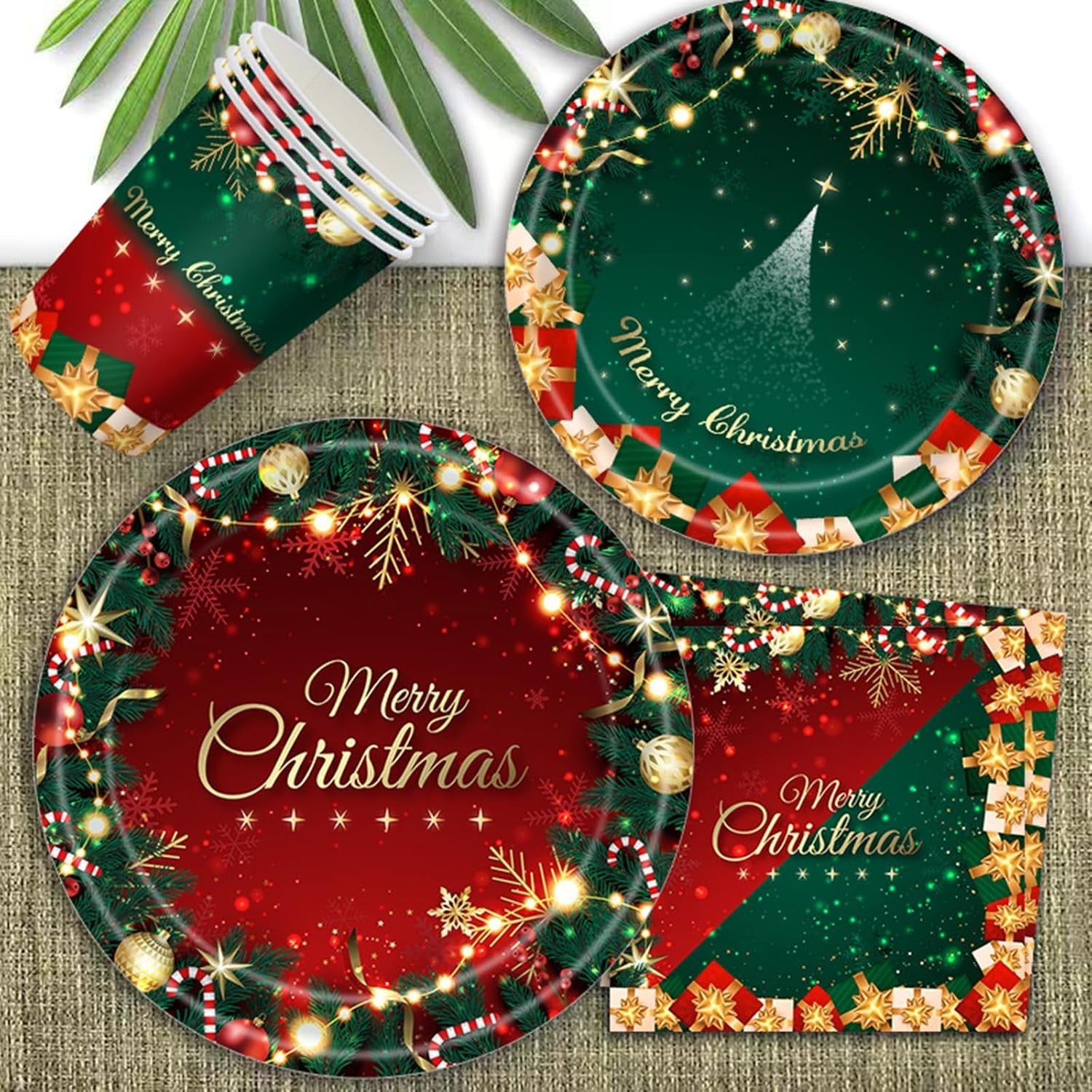 Set 119 Piese, Flippy, pentru Masa de Craciun, Farfurii 18 cm, Farfurii 23 cm, Pahare, Servetele, Tacamuri, Fata de