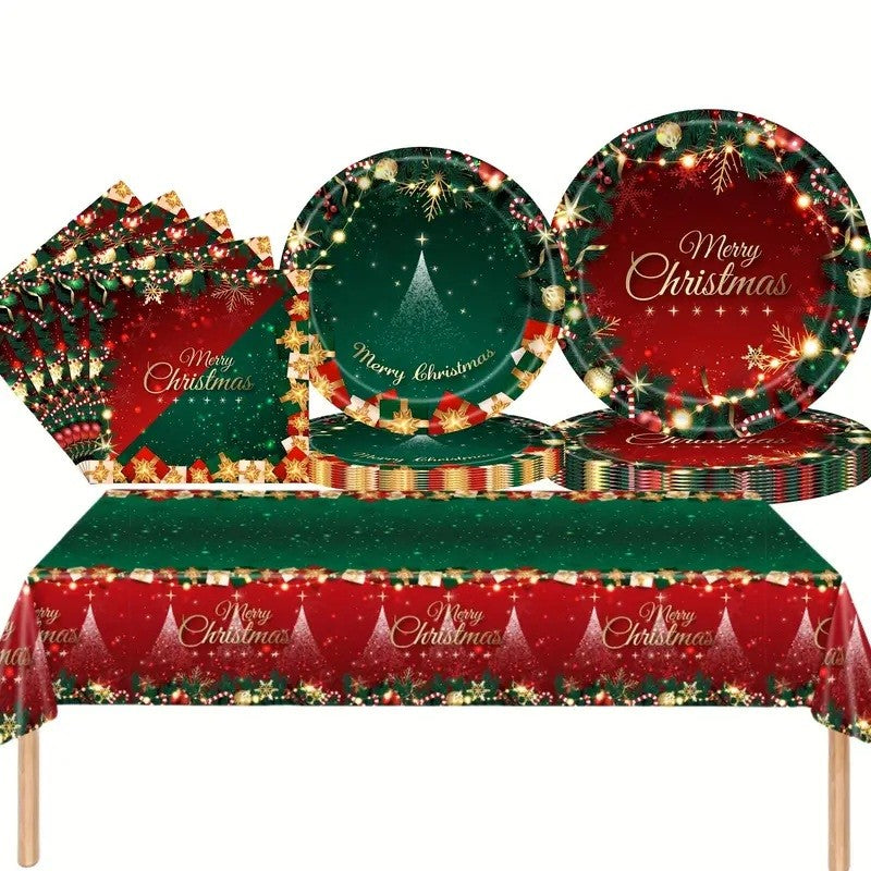 Set 119 Piese, Flippy, pentru Masa de Craciun, Farfurii 18 cm, Farfurii 23 cm, Pahare, Servetele, Tacamuri, Fata de