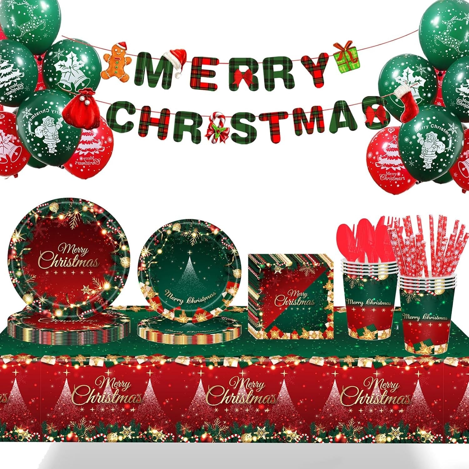 Set 119 Piese, Flippy, pentru Masa de Craciun, Farfurii 18 cm, Farfurii 23 cm, Pahare, Servetele, Tacamuri, Fata de
