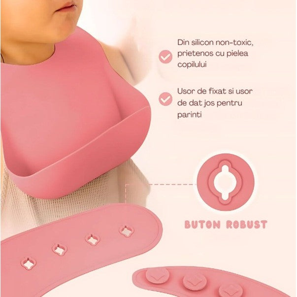 Set 10 Piese Servire Masa. Flippy, pentru Bebelusi si Copii, din Silicon/Lemn, cu Ventuze Anti-alunecare, fara
