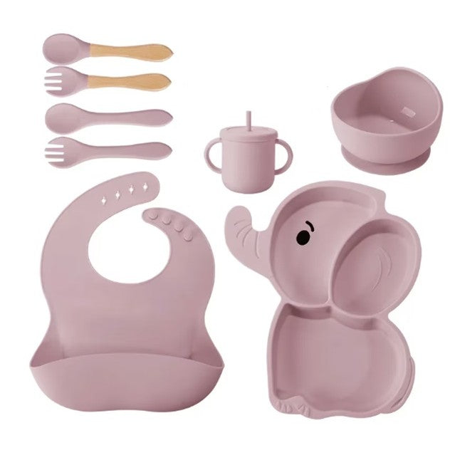 Set 10 Piese Servire Masa. Flippy, pentru Bebelusi si Copii, din Silicon/Lemn, cu Ventuze Anti-alunecare, fara