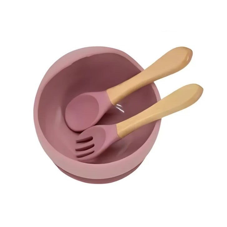 Set 10 Piese Servire Masa. Flippy, pentru Bebelusi si Copii, din Silicon/Lemn, cu Ventuze Anti-alunecare, fara
